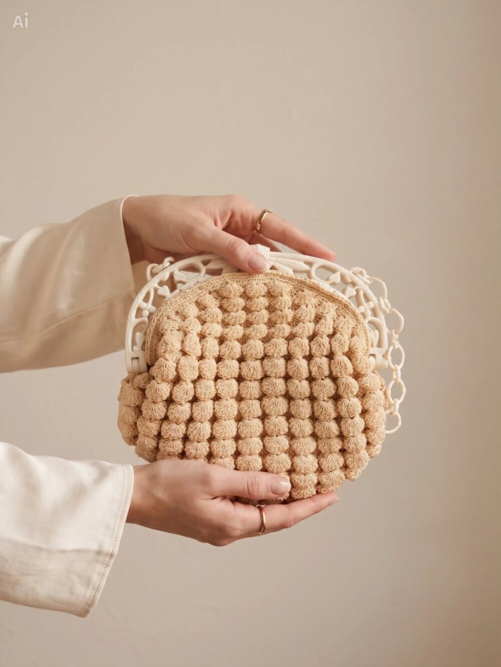 Handmade Cream Beaded Knit Evening Clutch with White Chain Handle